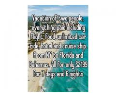 Cruise vacation of two people to Bahamas. Flight, food, and hotel - $2100 (New York City, NY)